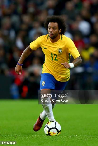 Marcelo of Brazil looks on during the International Friendly match between England and Brazil at Wembley Stadium on November 14, 2017 in London,...