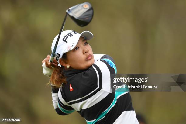 Ai Suzuki of Japan hits her tee shot on the 13th hole during the first round of the Daio Paper Elleair Ladies Open 2017 at the Elleair Golf Club on...