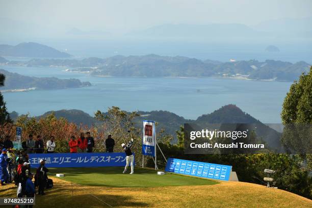 Erina Hara of Japan hits her tee shot on the 15th hole during the first round of the Daio Paper Elleair Ladies Open 2017 at the Elleair Golf Club on...