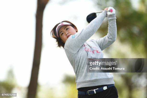 Hiroko Azuma of Japan hits her tee shot on the 15th hole during the first round of the Daio Paper Elleair Ladies Open 2017 at the Elleair Golf Club...