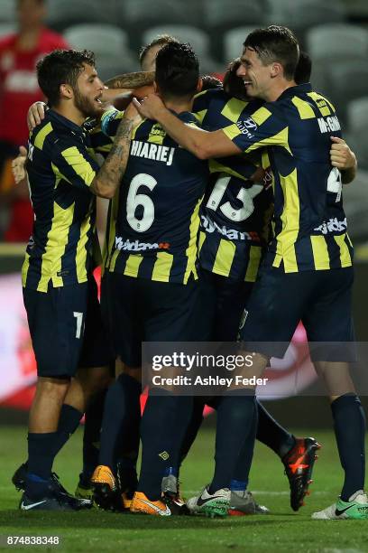 Mariners players celebrate a goal during the round seven A-League match between the Central Coast Mariners and Adelaide United at Central Coast...