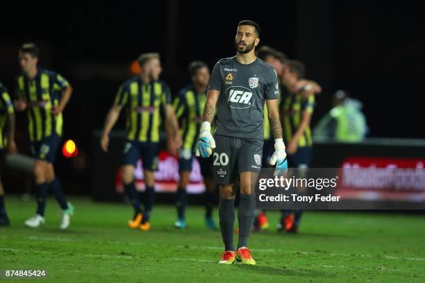 Adelaide goalkeeper Paul Izzo after the Mariners scored from the penalty spot during the round seven A-League match between the Central Coast...