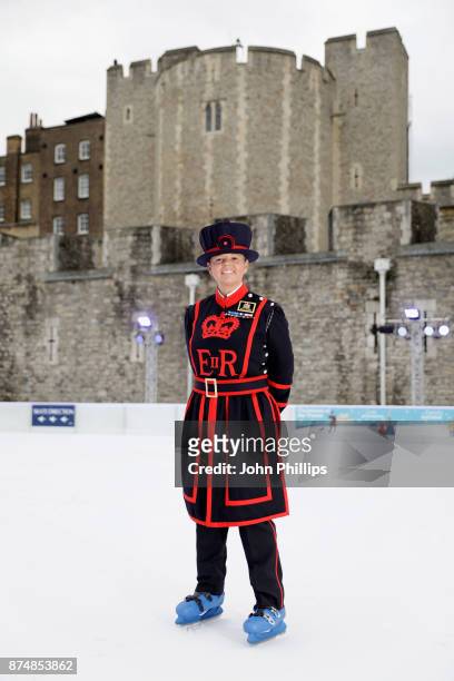 Yeoman Warder Amanda Clark, a Yeomen Of The Guard, also known as a Beefeater, skates on the Tower of London ice rink on November 16, 2017 in London,...