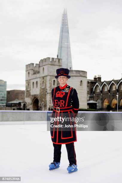 Yeoman Warder Amanda Clark, a Yeomen Of The Guard, also known as a Beefeater, skates on the Tower of London ice rink on November 16, 2017 in London,...