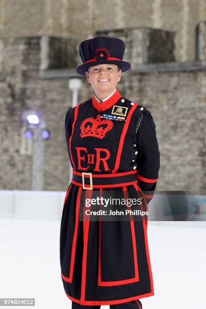 Yeoman Warder Amanda Clark, a Yeomen Of The Guard, also known as a Beefeater, skates on the Tower of London ice rink on November 16, 2017 in London,...