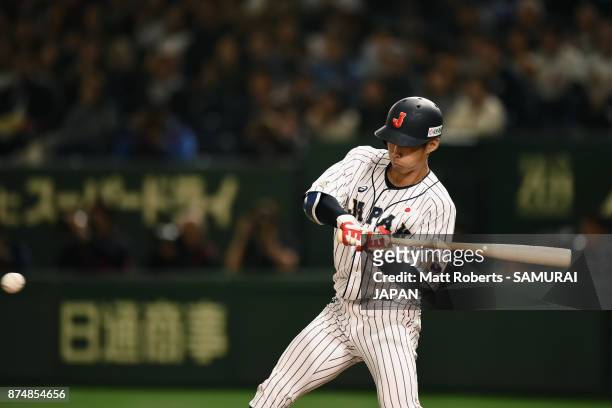 Infielder Yota Kyoda of Japan at bat in the bottom of first inning during the Eneos Asia Professional Baseball Championship 2017 game between Japan...