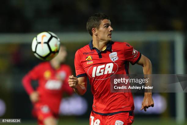 George Blackwood of Adelaide controls the ball during the round seven A-League match between the Central Coast Mariners and Adelaide United at...