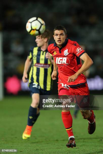 George Blackwood of Adelaide controls the ball during the round seven A-League match between the Central Coast Mariners and Adelaide United at...