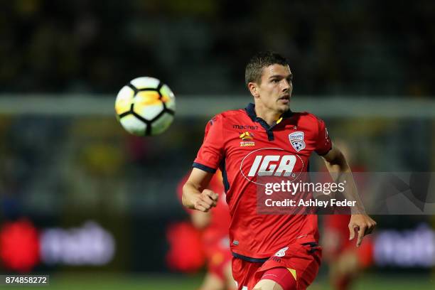 George Blackwood of Adelaide controls the ball during the round seven A-League match between the Central Coast Mariners and Adelaide United at...