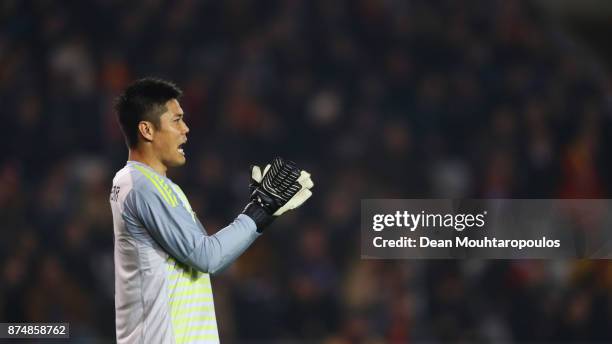 Goalkeeper, Eiji Kawashima of Japan during the international friendly match between Belgium and Japan held at Jan Breydel Stadium on November 14,...