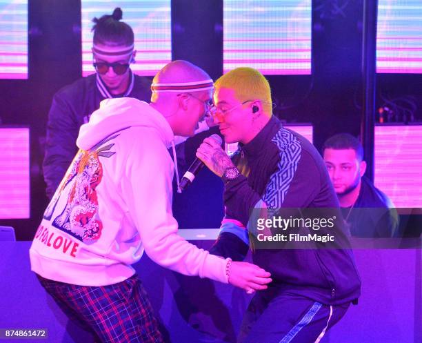Bad Bunny and J Balvin perform onstage at YouTube Musica sin fronteras A Celebration of Latin Music at Jewel Nightclub at the Aria Resort & Casino on...