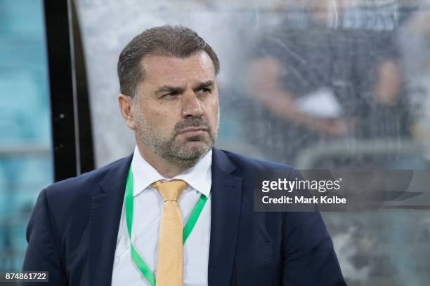 Australia Coach Ange Postecoglou watches on from the sideline before the 2018 FIFA World Cup Qualifiers Leg 2 match between the Australian Socceroos...