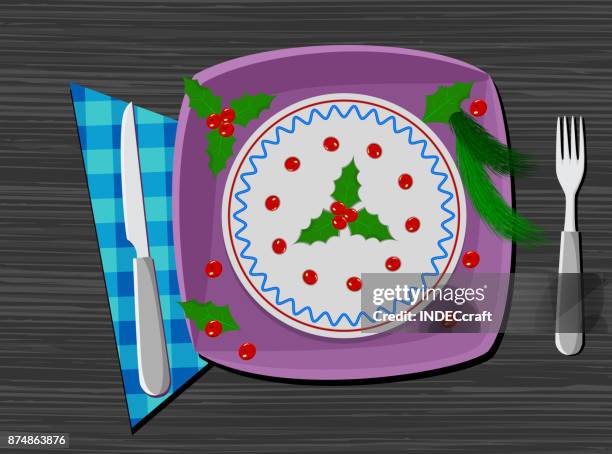 weihnachtskuchen mit besteck auf tisch - weihnachtstisch stock-grafiken, -clipart, -cartoons und -symbole