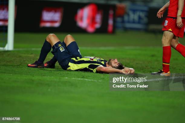 Antony Golec of the Mariners looks dejected after losing to Adelaide United during the round seven A-League match between the Central Coast Mariners...