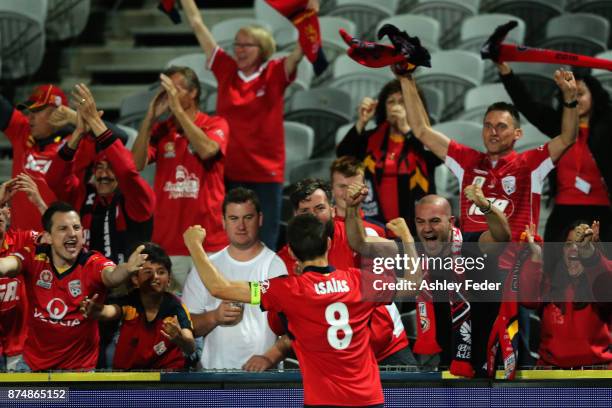 Adelaide United players and fans celebrate a goal from Ryan Kitto during the round seven A-League match between the Central Coast Mariners and...