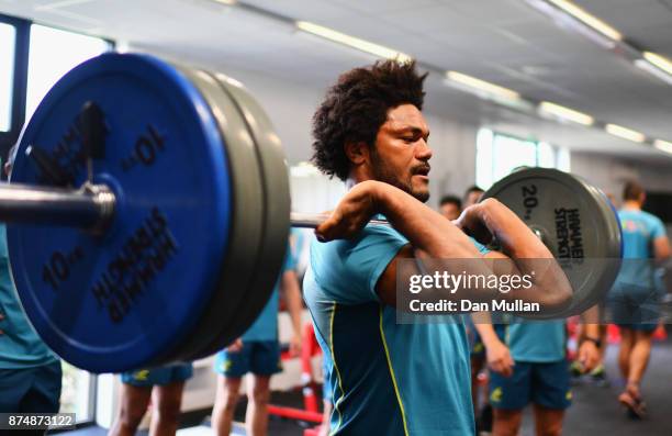 Henry Speight of Australia lifts weights during a gym training session at the Lensbury Hotel on November 16, 2017 in London, England. Australia are...