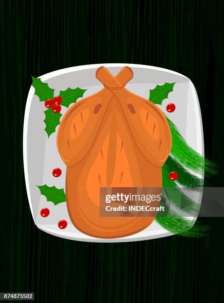 ilustraciones, imágenes clip art, dibujos animados e iconos de stock de cena de navidad fritos turquía sobre mesa - pavo navidad