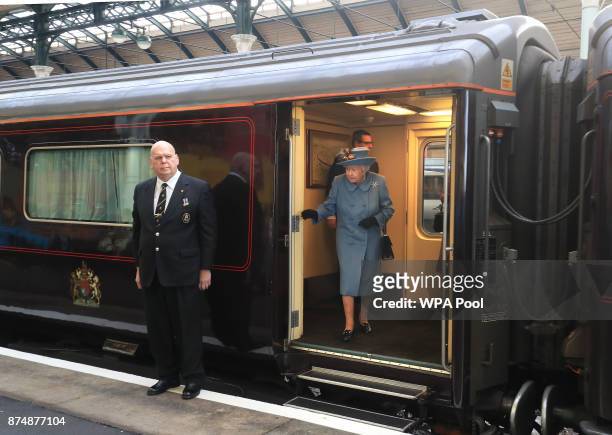Queen Elizabeth II arrives at Hull Railway Station, during a visit to the city to mark its year as the UK City of Culture on November 16 in Kingston...