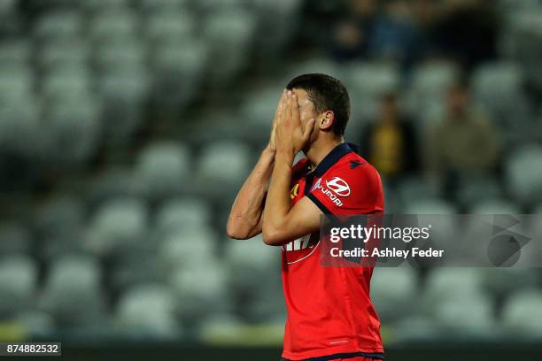 George Blackwood of Adelaide reacts over a near miss during the round seven A-League match between the Central Coast Mariners and Adelaide United at...