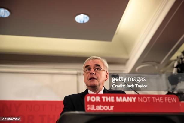 Shadow Chancellor John McDonnell gives a pre-budget speech at Church House on November 16, 2017 in London, England. Mr McDonnell today announced the...