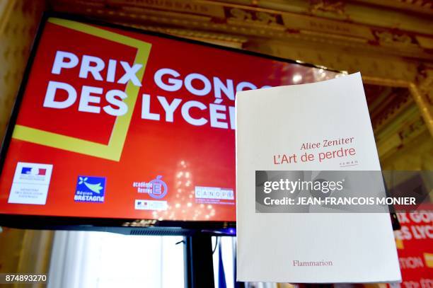 Copy of the winning novel "The Art of Losing" by French writer Alice Zeniter, is displayed during the Prix Goncourt des Lyceens award ceremony in...