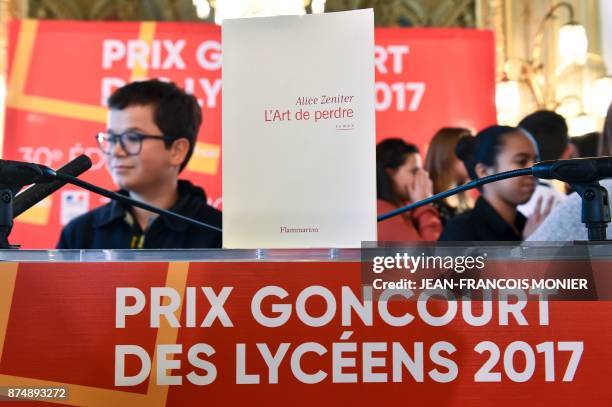 Copy of the winning novel "The Art of Losing" by French writer Alice Zeniter, is displayed during the Prix Goncourt des Lyceens award ceremony in...