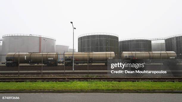 General view of rail tankers at the Port of Rotterdam on November 15, 2017 in Rotterdam, Netherlands. This is the largest port in Europe covering 105...