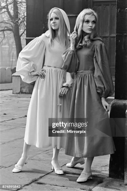 Fashion model Madeline Smith wearing a countdown dress, March 1969.