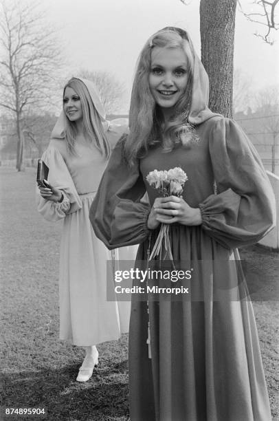 Fashion model Madeline Smith wearing a countdown dress, March 1969.