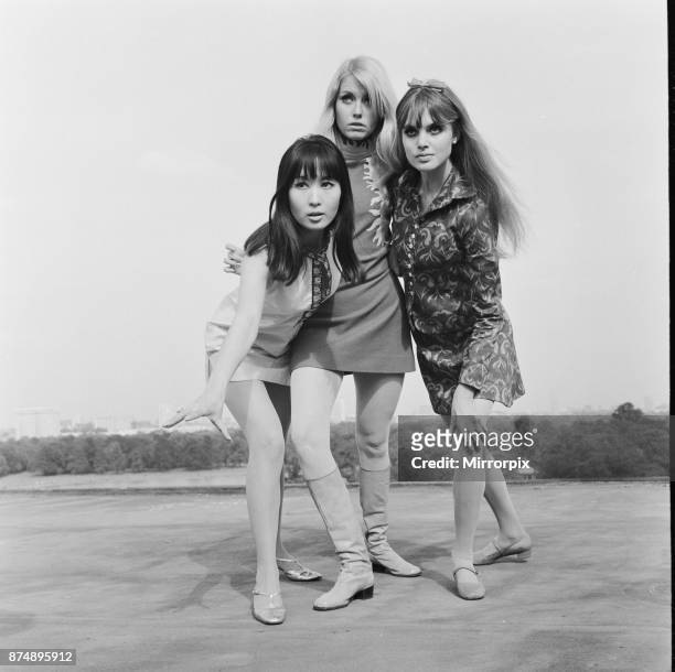 The three girls who star in the comedy film The Mini Mob, left to right: Lucille Soong, Gretchen regan and Madeline Smith, 10th September 1967.