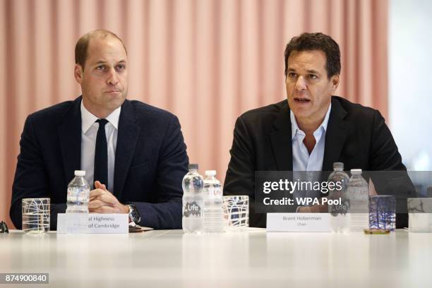 Prince William, Duke of Cambridge listens as British entrepeneur Brent Hoberman speaks during the final meeting of The Royal Foundation's Taskforce...