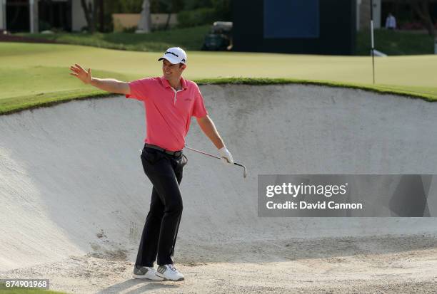 Justin Rose of England acknowledges the crowd after his third shot which he holed for an eagle on the par 5, 14th hole during the first round of the...