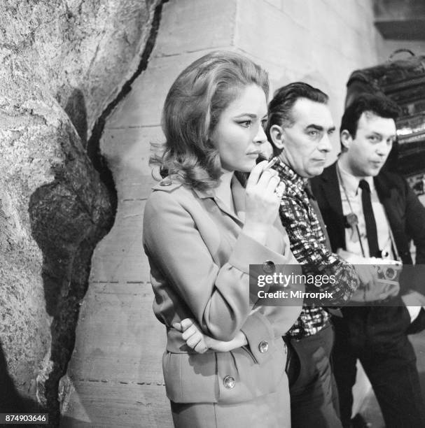 Karin Dor, German actress, on the set of new James Bond film, You Only Live Twice, she plays Spectre agent Helga Brandt, pictured at Pinewood...