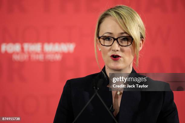 British Shadow Secretary of State for Business, Energy and Industrial Strategy Rebecca Long-Bailey addresses the audience before Shadow Chancellor...