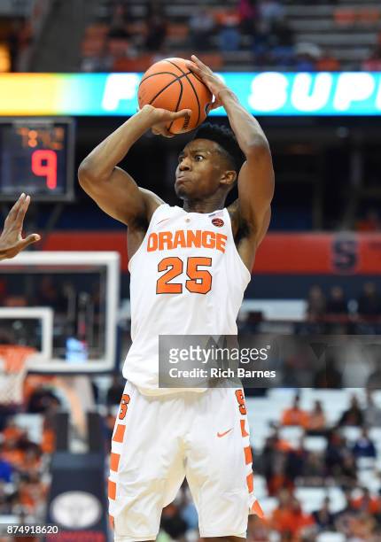 Tyus Battle of the Syracuse Orange shoots the ball against the Iona Gaels during the second half at the Carrier Dome on November 14, 2017 in...