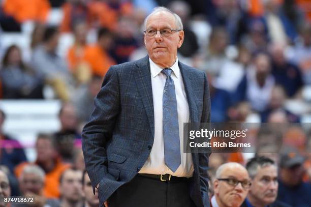 Head coach Jim Boeheim of the Syracuse Orange reacts to a play against the Iona Gaels during the second half at the Carrier Dome on November 14, 2017...