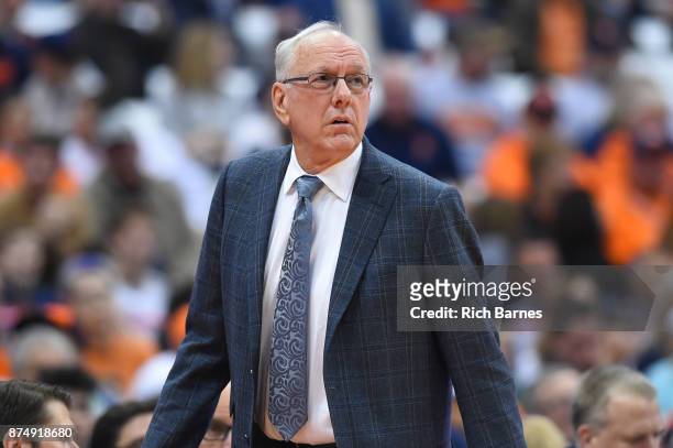 Head coach Jim Boeheim of the Syracuse Orange reacts to a play against the Iona Gaels during the second half at the Carrier Dome on November 14, 2017...