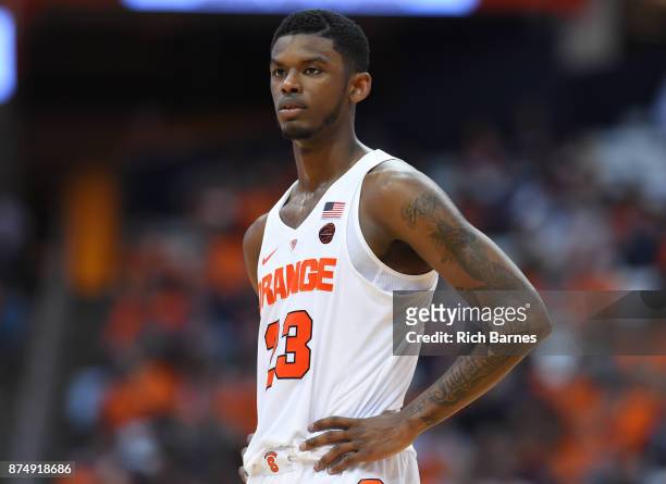 Frank Howard of the Syracuse Orange looks on against the Iona Gaels during the second half at the Carrier Dome on November 14, 2017 in Syracuse, New...