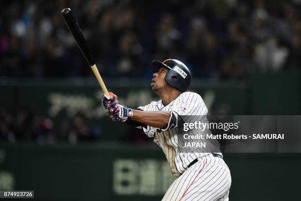 Outfielder Louis Okoye of Japan flies out in the bottom of ninth inning during the Eneos Asia Professional Baseball Championship 2017 game between...