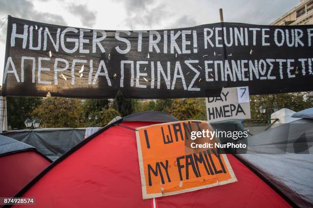 Syrian refugees are protesting for almost 2 weeks with a hunger strike and staying in tents in front of the Hellenic parlianment in Athens, Greece,...