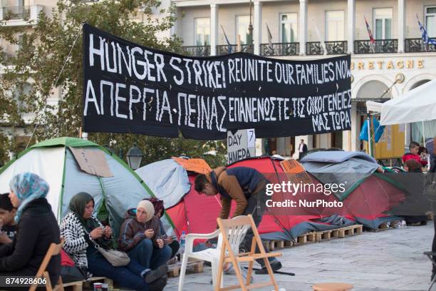 Syrian refugees are protesting for almost 2 weeks with a hunger strike and staying in tents in front of the Hellenic parlianment in Athens, Greece,...