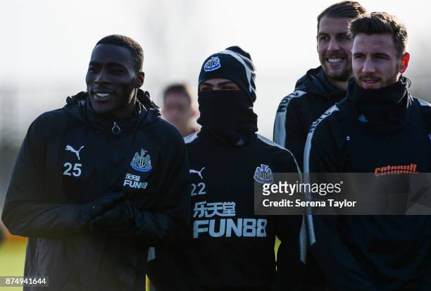 Players seen L-R Massadio Haidara, DeAndre Yedlin, Florian Lejeune and Paul Dummett look on during the Newcastle United Training session at the...