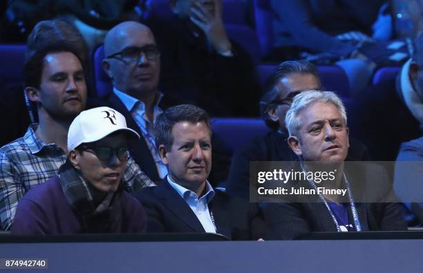 John Bercow , Speaker of the House of Commons watches the match between Roger Federer of Switzerland and Marin Cilic of Croatia during day five of...