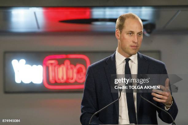 Britain's Prince William, Duke of Cambridge delivers a speech on the prevention of cyberbullying during his visit to launch the national action plan...