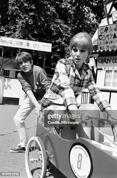 Susan Denberg, actress and special guest to launch and present prizes at the Soapbox Grand Prix 1966 at Alexandra Palace, London, 14th August 1966.