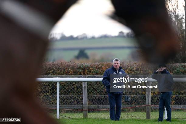 Trainer Paul Nicholls with his assistant trainer Harry Derham watching the action at Taunton racecourse on November 16, 2017 in Taunton, United...