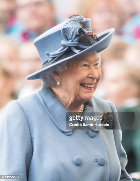 Queen Elizabeth II arrives at Hull Railway Station on November 16, 2017 in Kingston upon Hull, England.