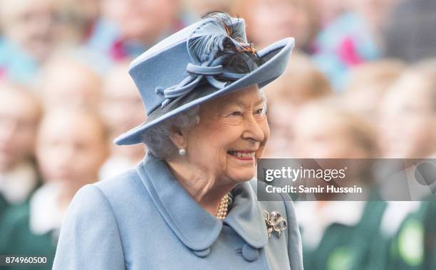 Queen Elizabeth II arrives at Hull Railway Station on November 16, 2017 in Kingston upon Hull, England.