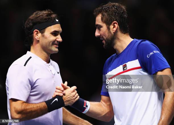 Roger Federer of Switzerland celebrates victory in his Singles match against Marin Cilic of Croatia during day five of the Nitto ATP World Tour...