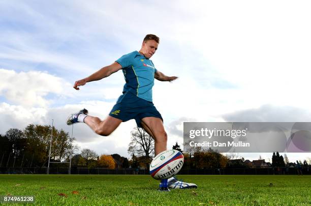 Reece Hodge of Australia practices his kicking during a training session at the Lensbury Hotel on November 16, 2017 in London, England.